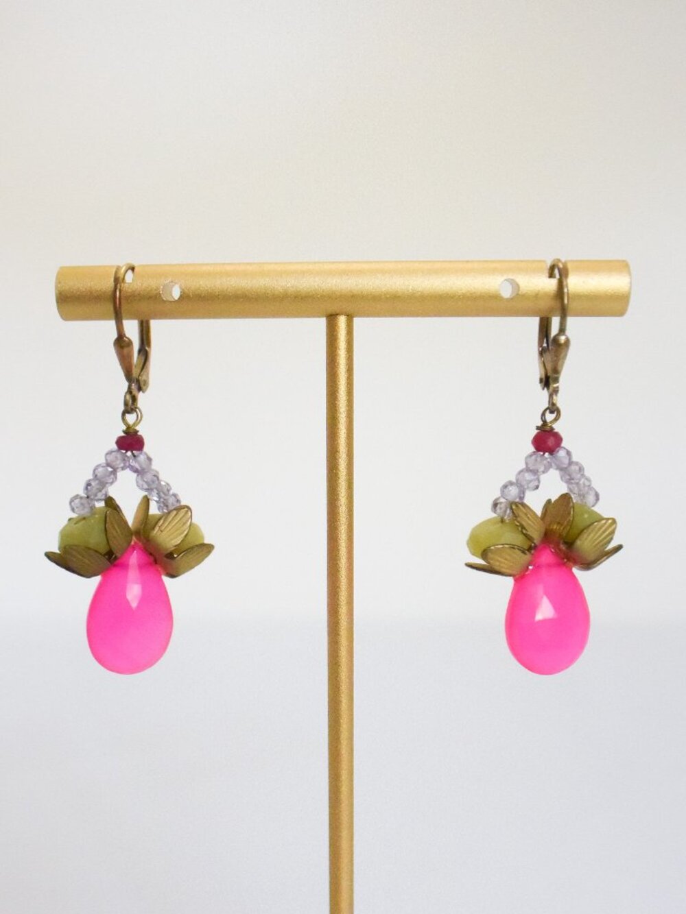 *Anthropologie* Vintage Artisan Neon Pink Teardrop Floral Beaded Earrings .